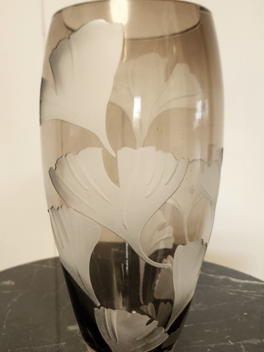 vintage smoked glass vase with etched lotus flowers
